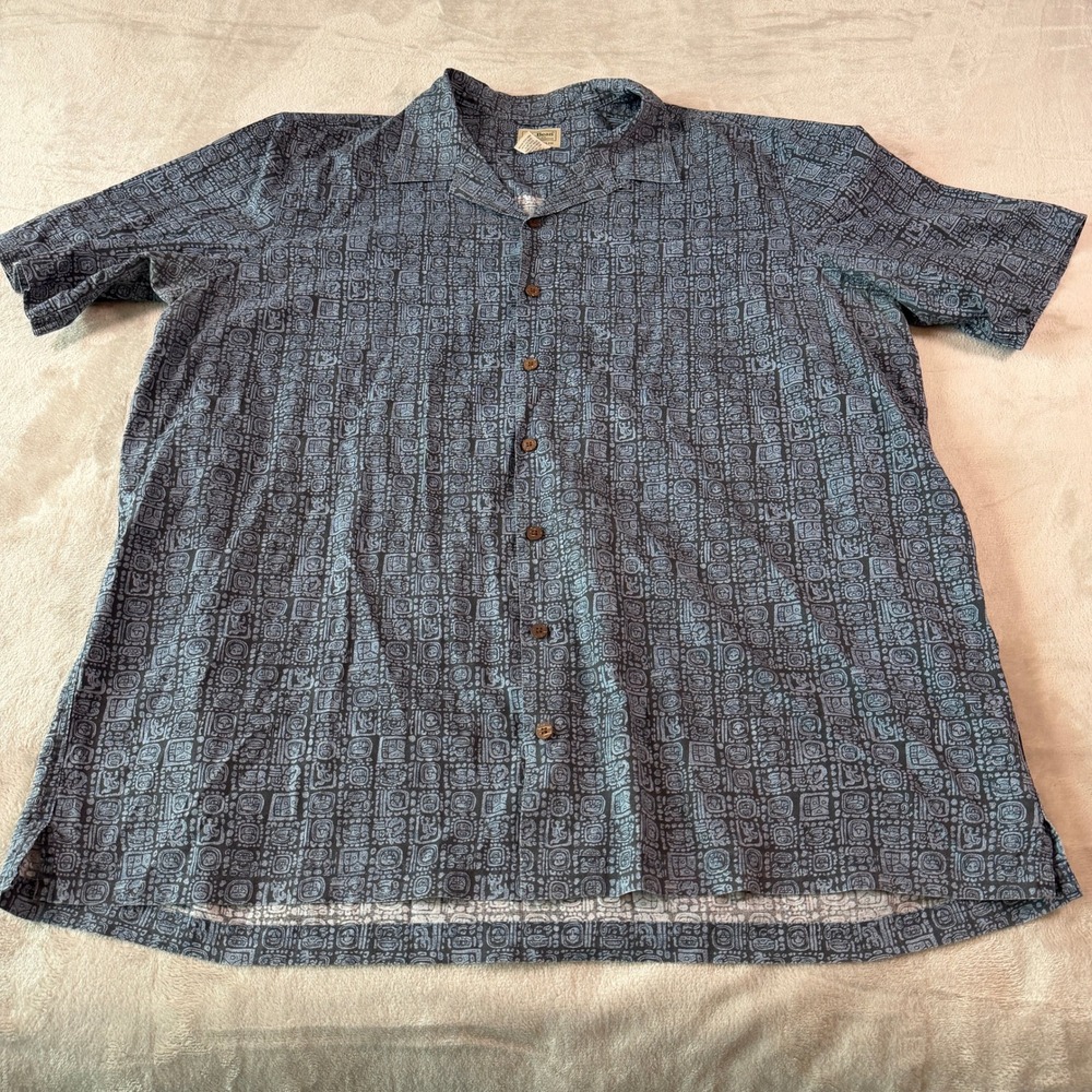 LL Bean Mens XL Tall Blue Mayan Glyph Print Cotton Button Down Shirt 300230